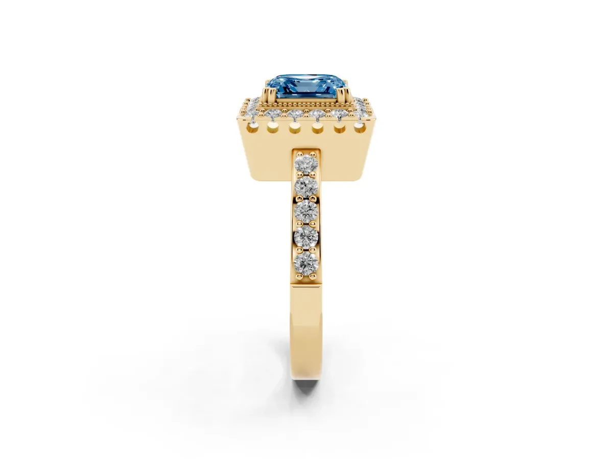 Fancy Blue Asscher Cut Diamond Halo Ring with Pavé Band and Prong Setting Yellow gold