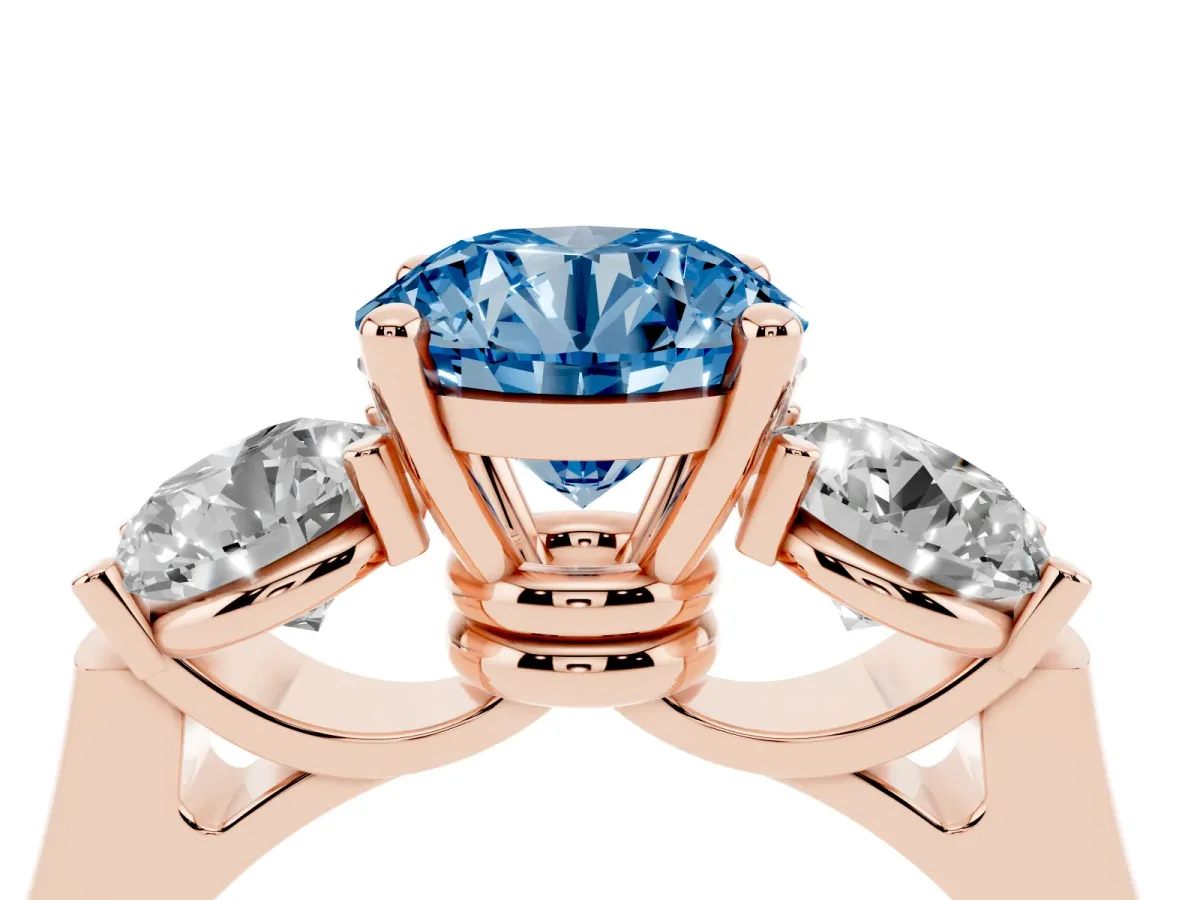 Fancy Blue Three-Stone Round Cut Brilliant Diamond Trellis Ring with Comfort Fit Band Rose gold
