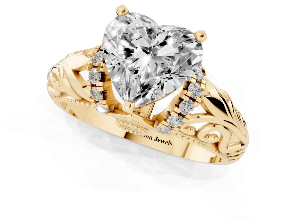 Heart Cut Solitaire Filigree Engagement Ring with Halo and Prong Setting Yellow gold