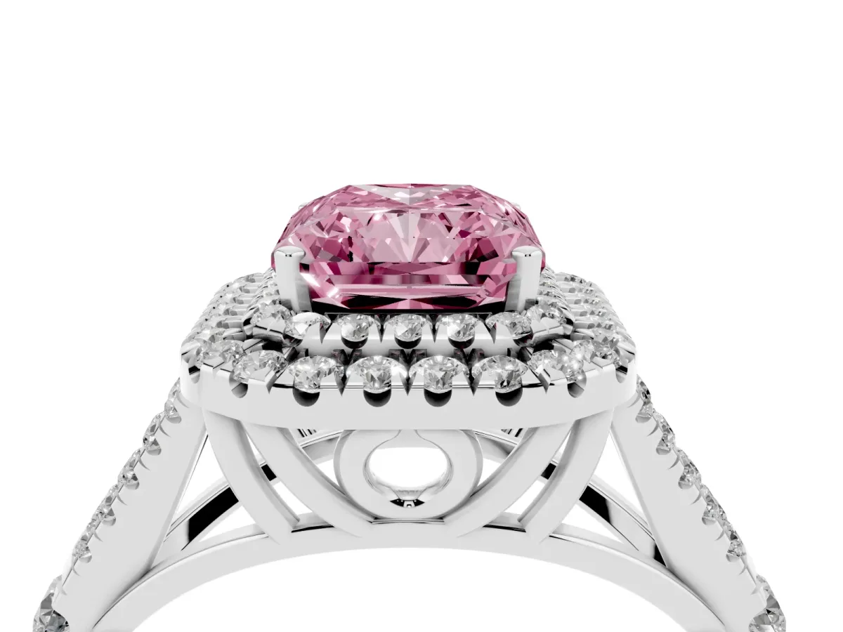 Fancy Pink Radiant Cut Diamond Double Halo Ring with Split Shank and Prong Setting Platinum