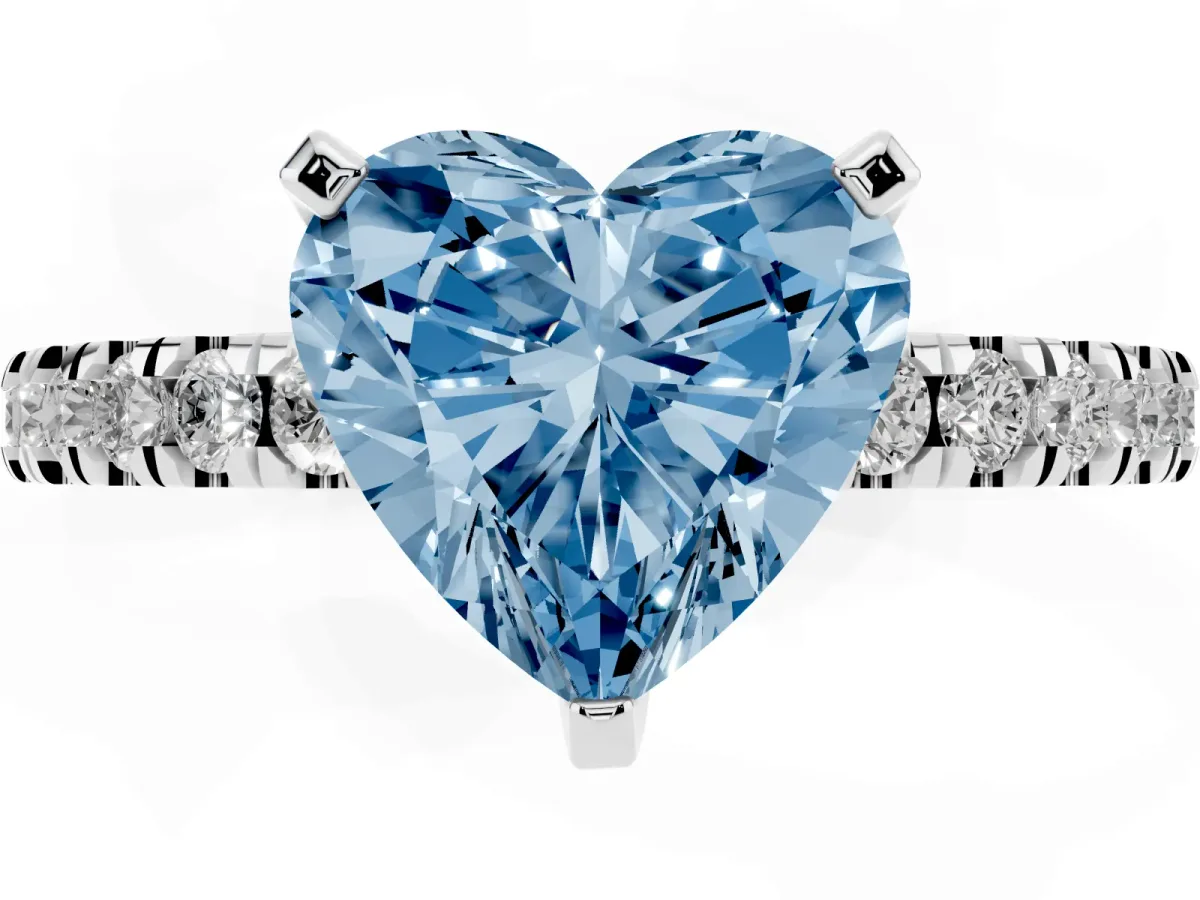 Fancy Blue Heart Cut Solitaire Diamond with Pavé Band and Four-Prong Setting Silver
