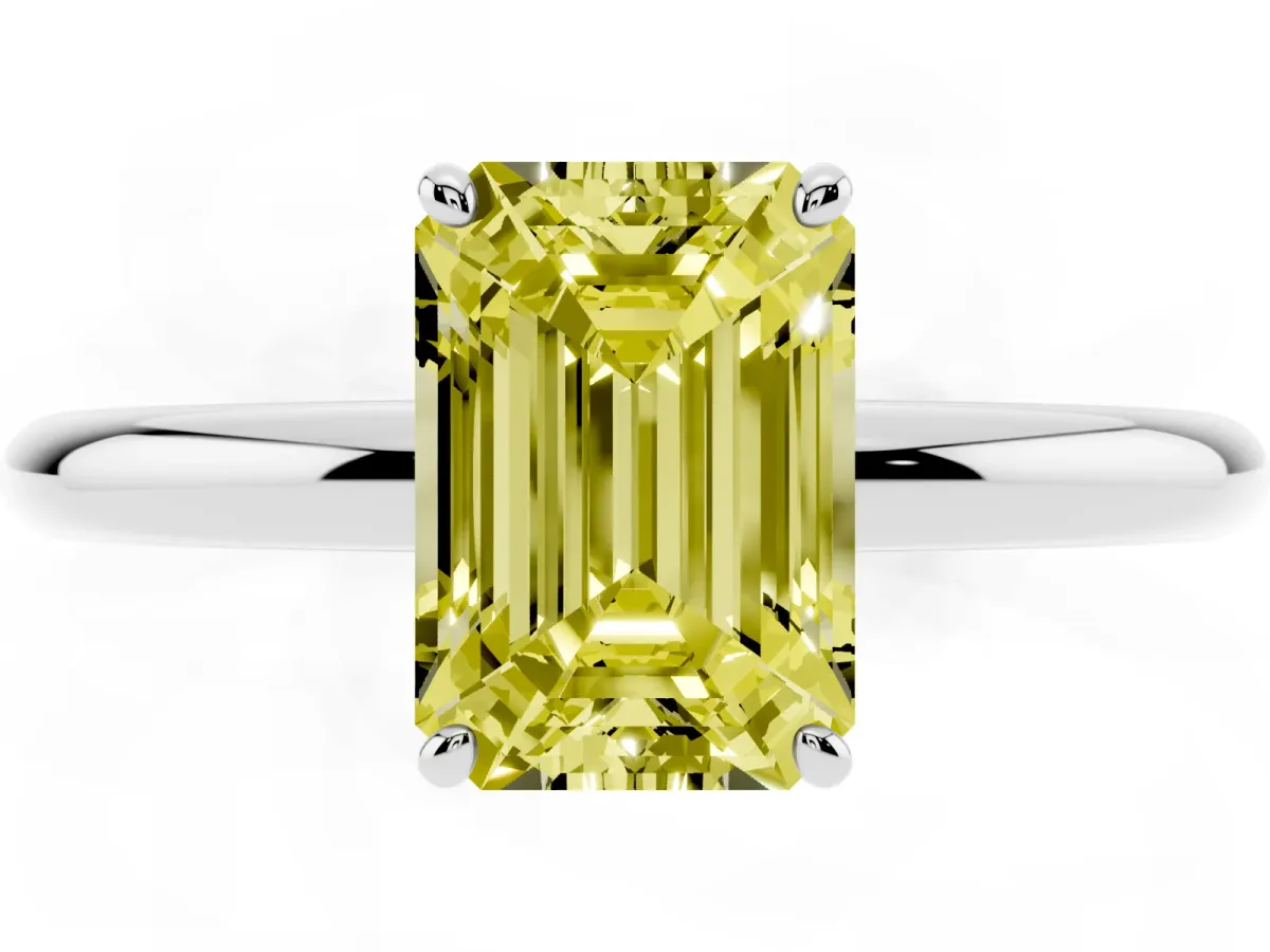 Fancy Yellow Emerald Cut Solitaire Diamond Ring with Four-Prong Setting on a Plain Band Platinum