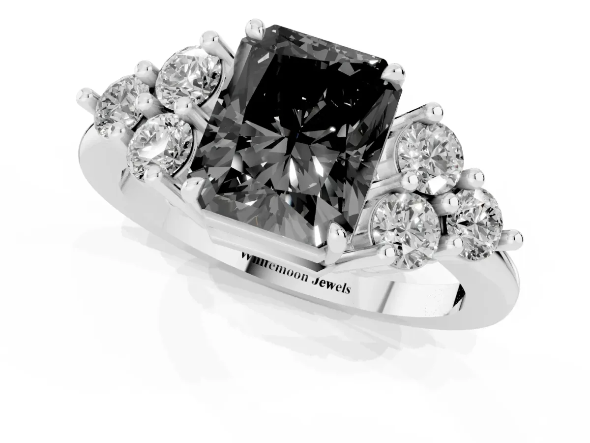 Fancy Black Radiant Cut Brilliant Diamond Cluster Accent Solitaire Ring with Prong Setting Platinum