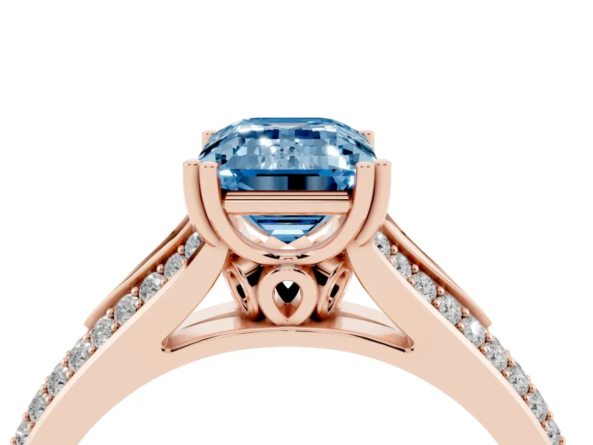 Fancy Blue Emerald Cut Diamond Split Shank Engagement Ring with Pavé Band Rose gold