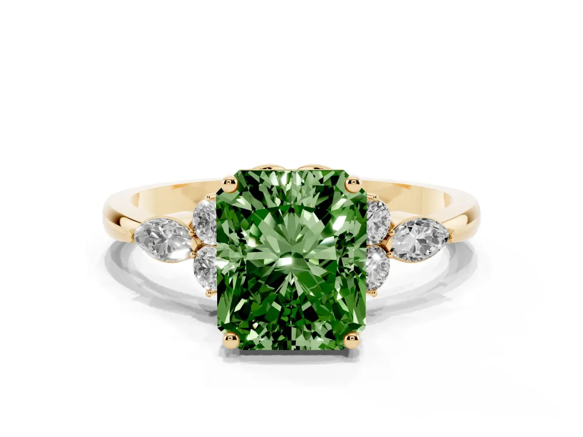 Fancy Green Radiant Cut Brilliant Diamond Solitaire Ring with Pear Side Stones and Four-Prong Setting Yellow gold