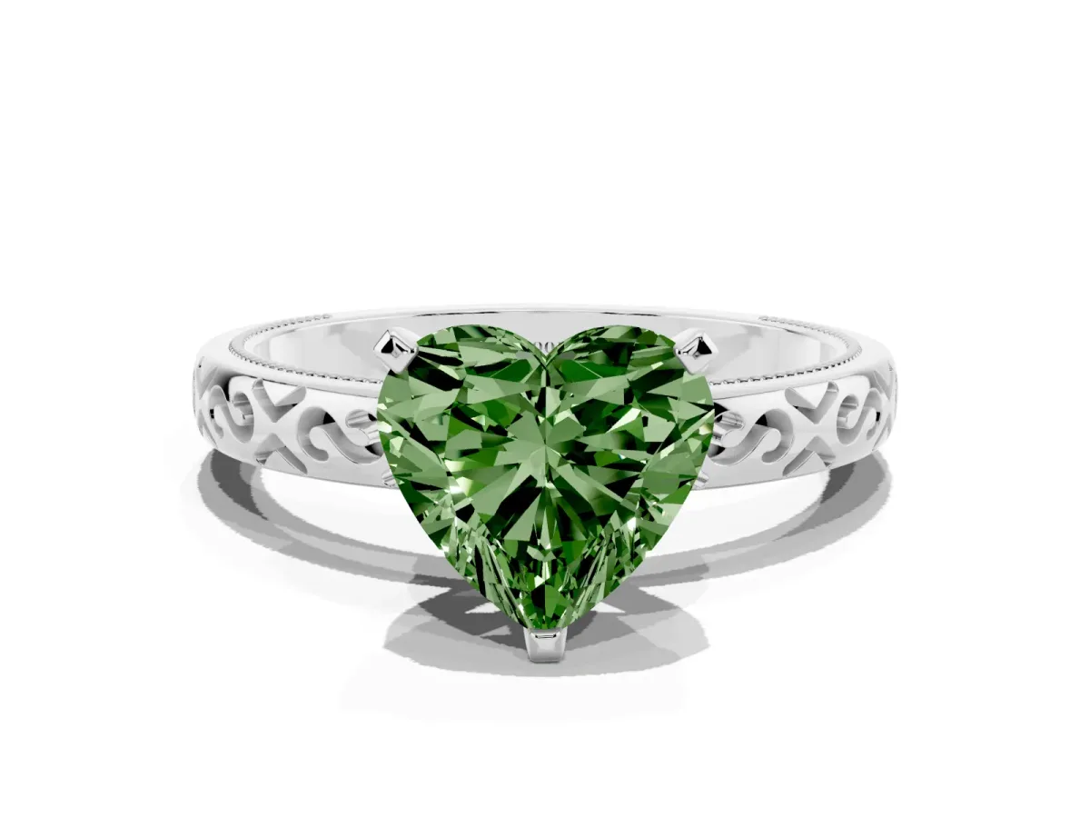 Fancy Green Heart Cut Solitaire Engagement Ring with Scrollwork Band and Four-Prong Setting Silver