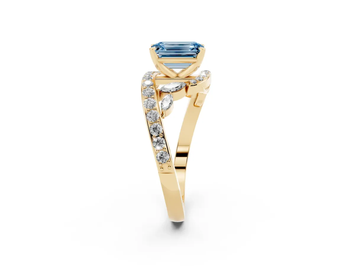 Fancy Blue Emerald Cut Solitaire with Pavé Twist Band and Four-Prong Setting Yellow gold