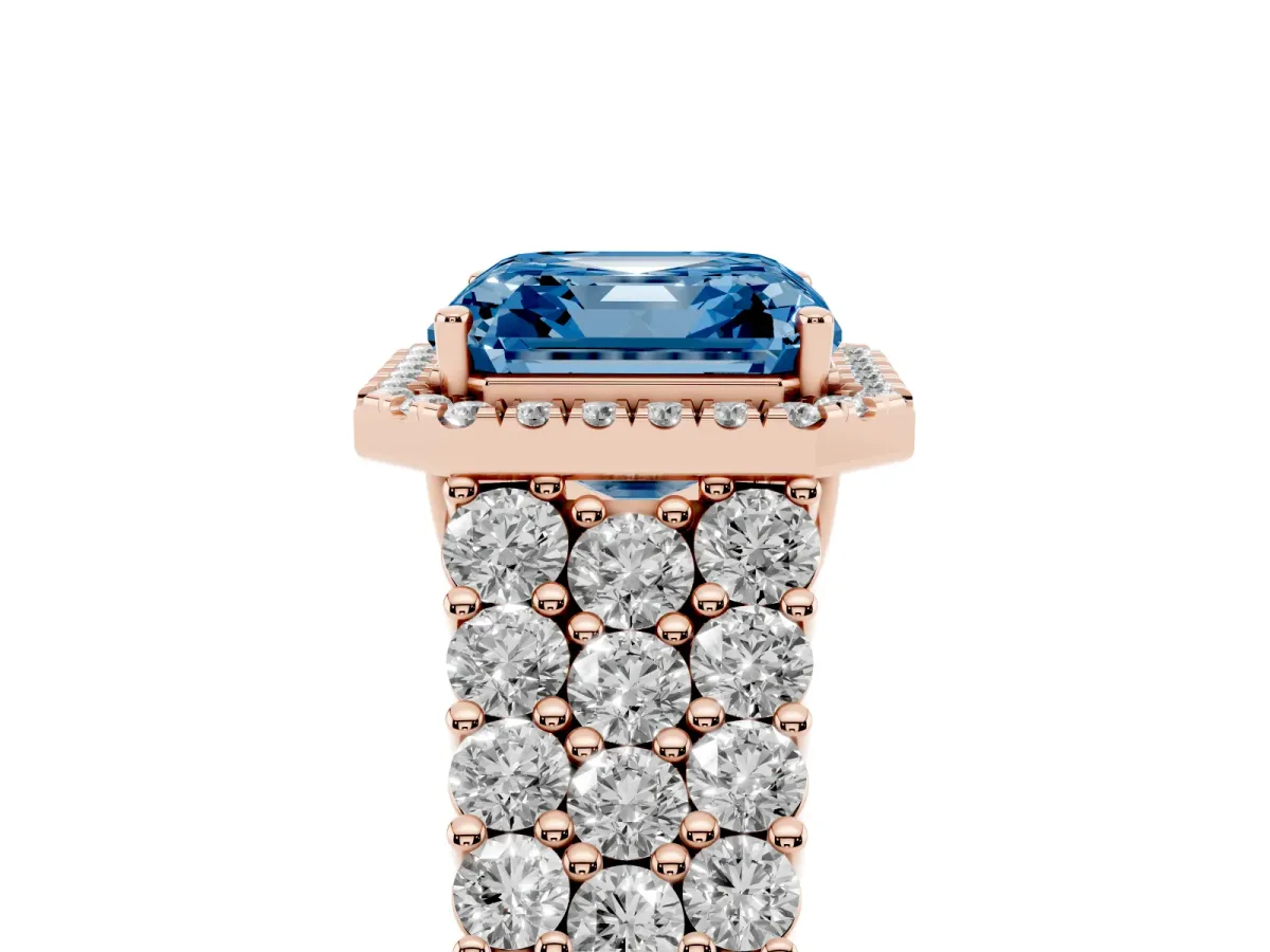 Fancy Blue Asscher Cut Diamond Halo Engagement Ring with Triple Row Round Pavé Band and Prong Setting Rose gold