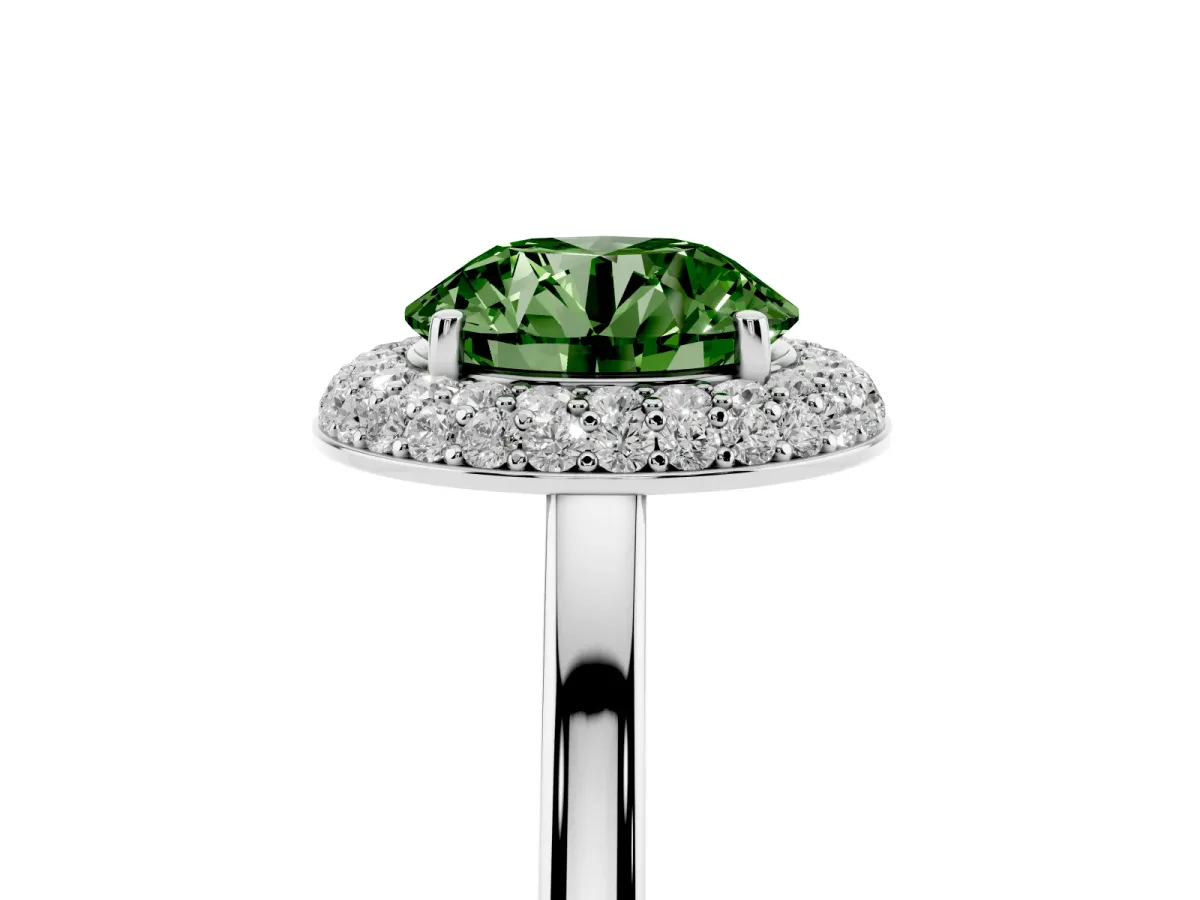 Fancy Green Round Cut Halo Diamond Engagement Ring with Solitaire Band and Four-Prong Setting Platinum