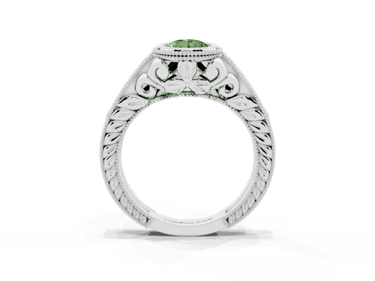Fancy Green Bezel Set Pear Cut Diamond Milgrain Pave Engagement Ring Platinum