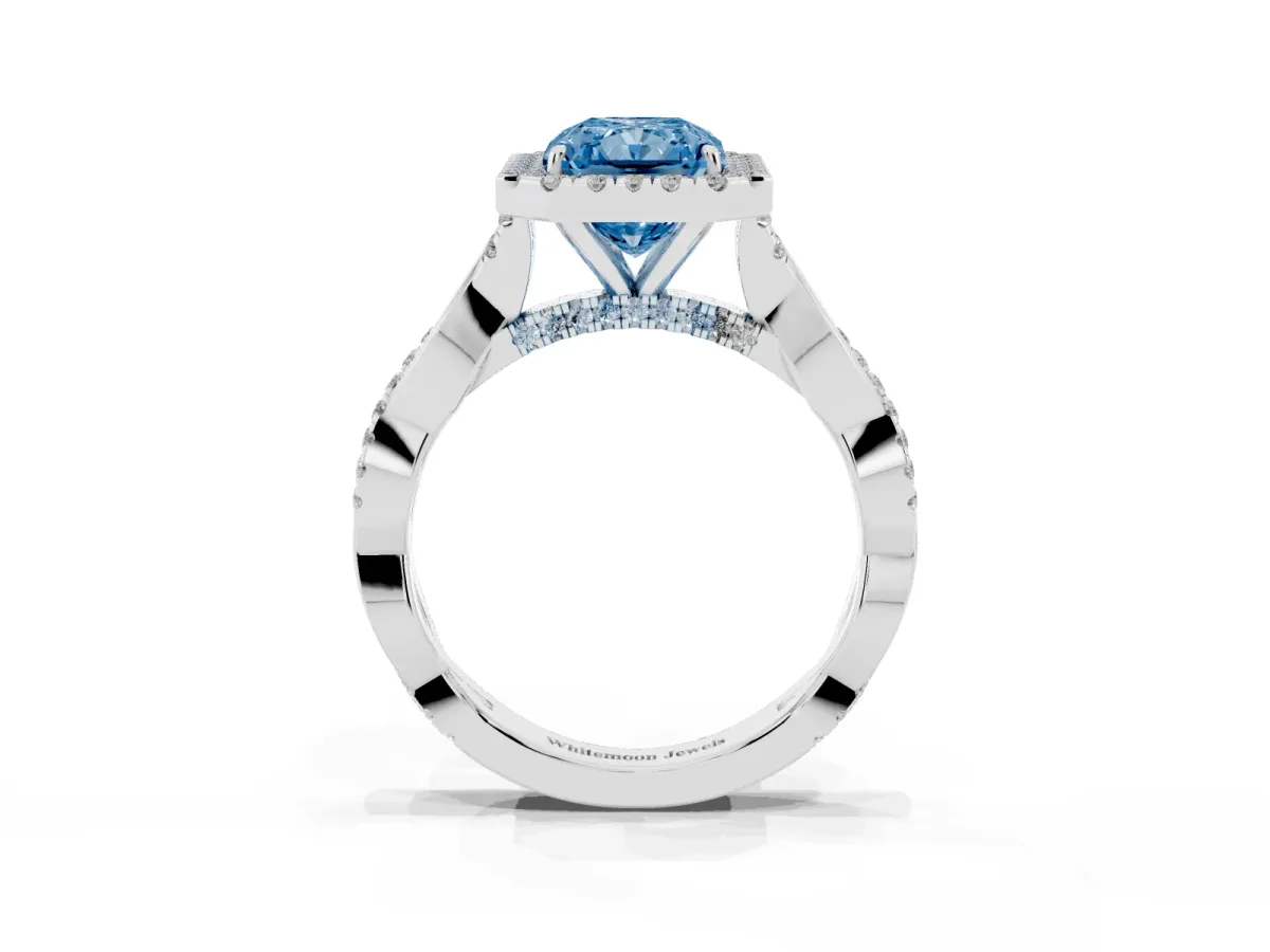Fancy Blue Radiant Cut Halo Twist Band Solitaire Ring Silver