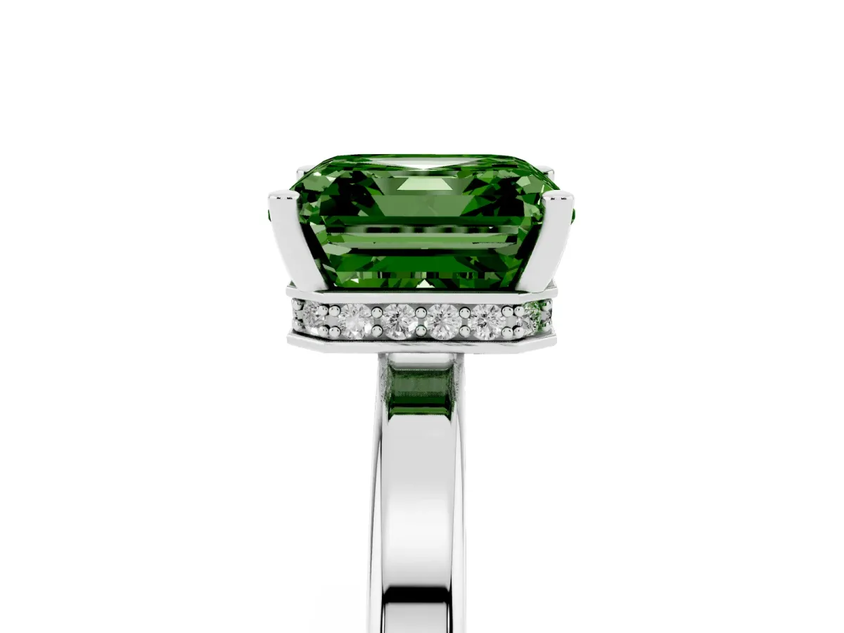 Fancy Green Asscher Cut Cut Solitaire Engagement Ring with Four-Prong Setting on a Classic Band Platinum
