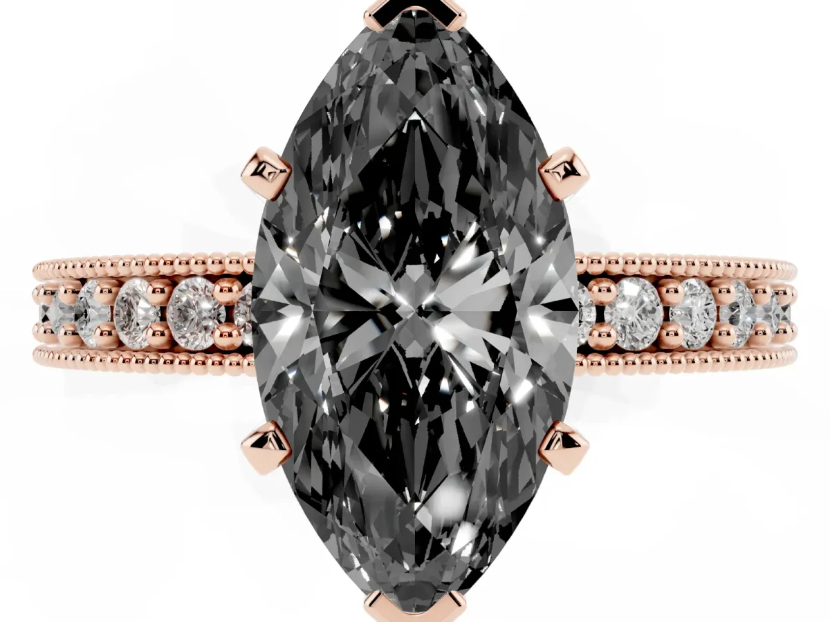 Fancy Black Marquise Cut Diamond Milgrain Pavé Engagement Ring with Four-Prong Setting Rose gold
