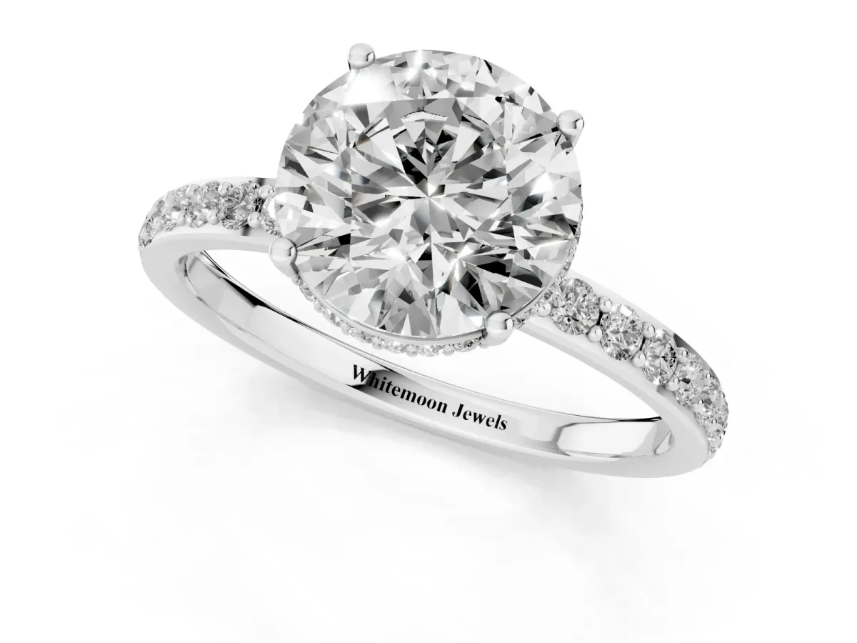 Round Cut Diamond Solitaire Ring with Pavé Band and Hidden Halo Platinum