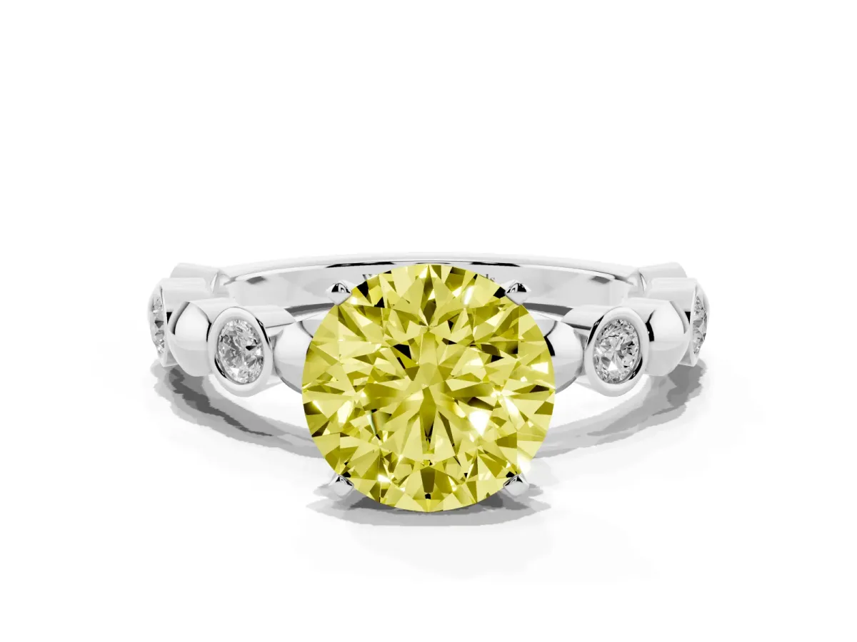 Fancy Yellow Round Cut Solitaire Bezel-Set Diamond Ring with Beaded Band and Four-Prong Setting Platinum