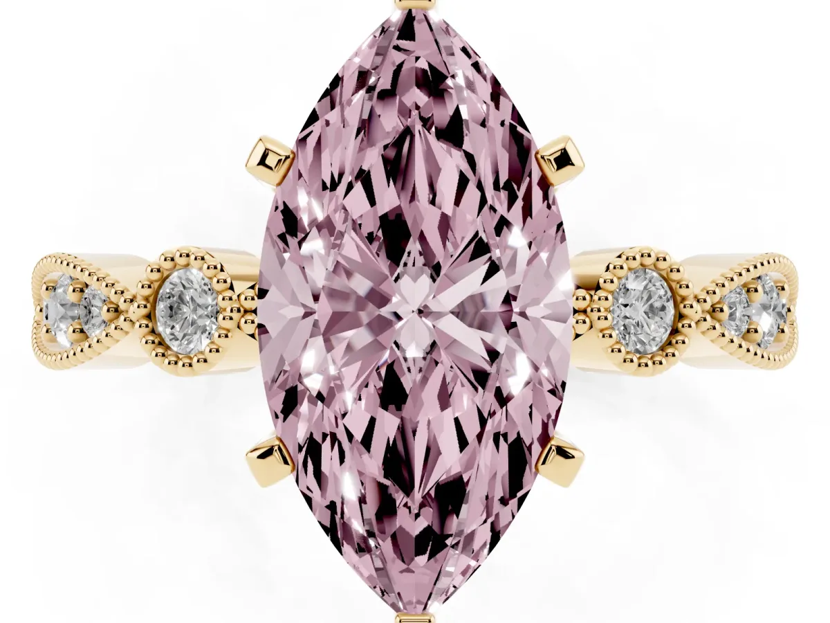 Fancy Pink Marquise Cut Milgrain Bezel Diamond Engagement Ring with Solitaire Prong Setting Yellow gold