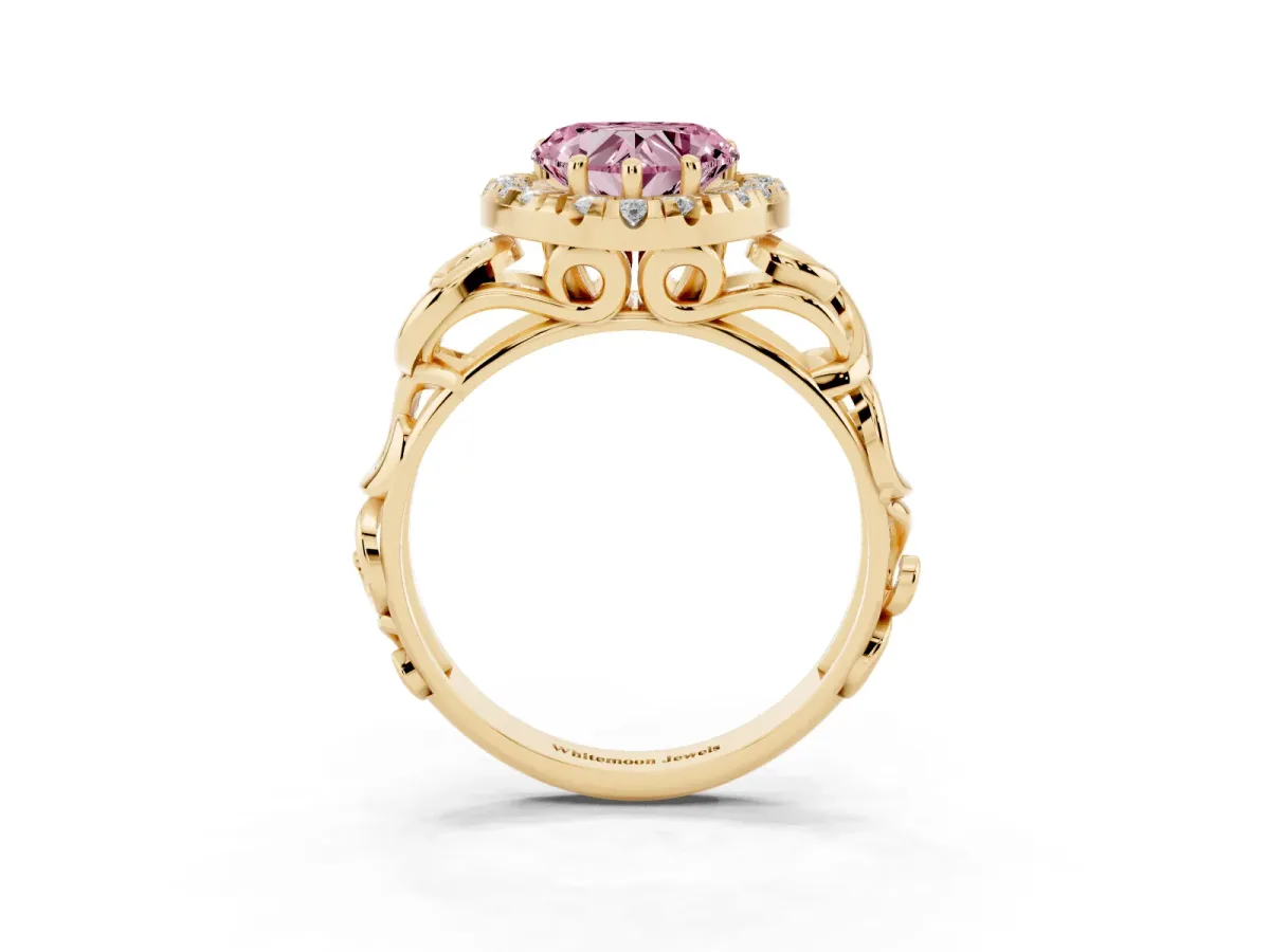 Fancy Pink Heart Cut Cut Halo Diamond Ring with Scrollwork Band and Four-Prong Setting Yellow gold