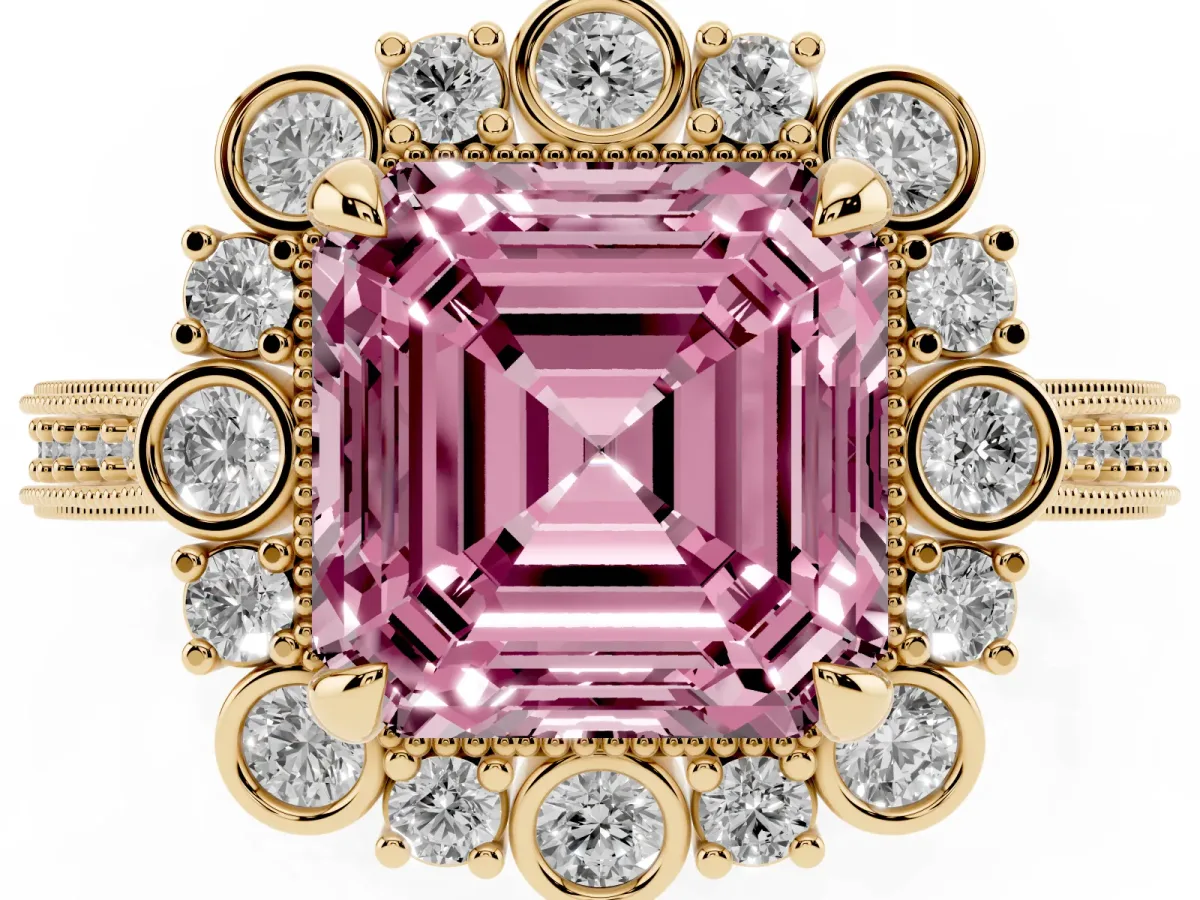 Fancy Pink Asscher Cut Halo Milgrain Pave Diamond Ring with Four-Prong Setting Yellow gold