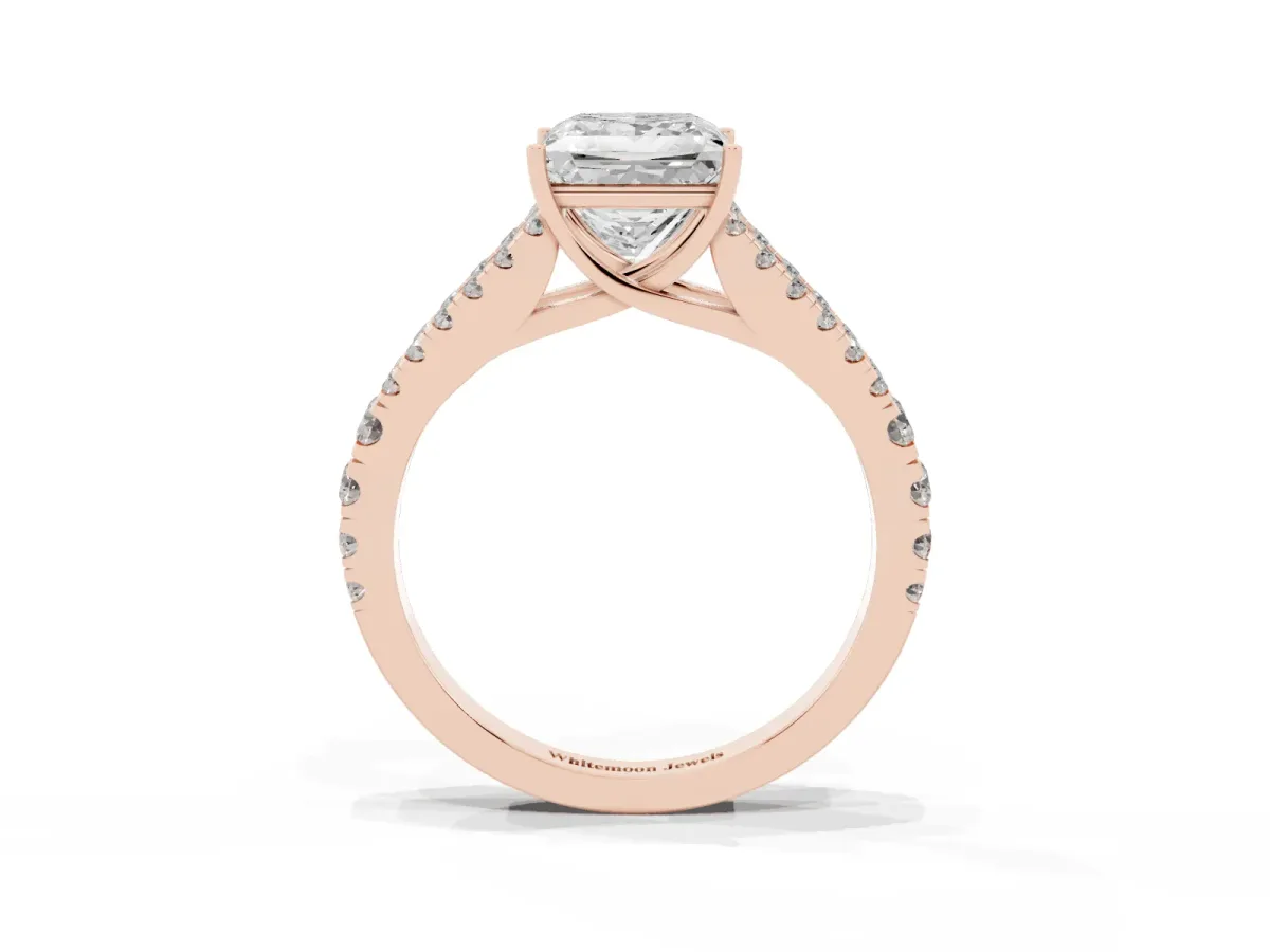 Princess Cut Diamond Split Shank Pavé Engagement Ring with Four-Prong Setting Rose gold