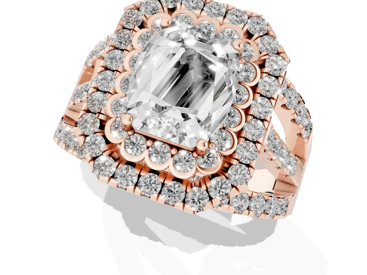 Emerald Cut Diamond Double Halo Ring with Round Pavé Split Shank and Prong Setting Rose gold