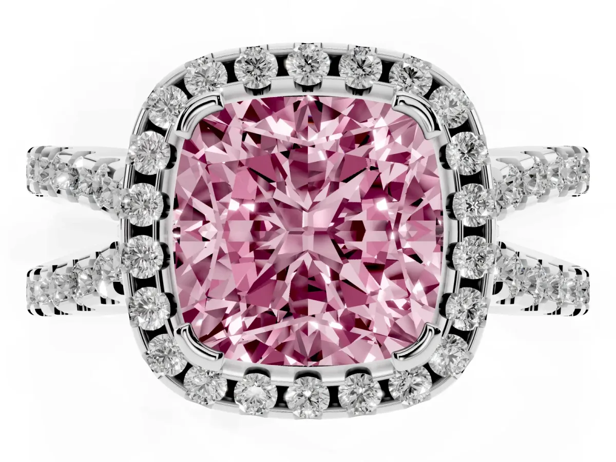 Fancy Pink Cushion Cut Diamond Halo Ring with Split Shank Pavé Band and Prong Setting Platinum