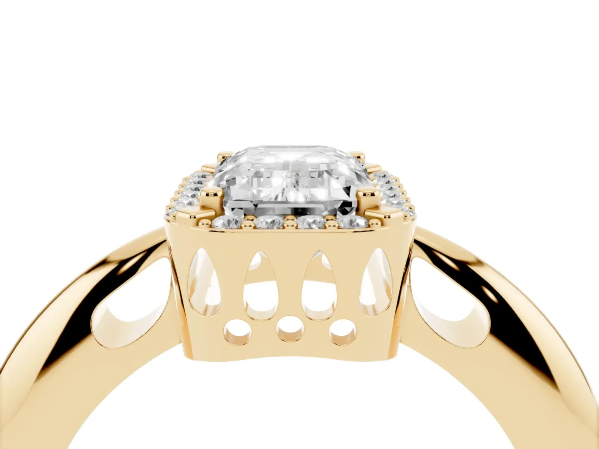 Emerald Cut Cut Diamond Halo Engagement Ring with Split Shank and Four-Prong Setting Yellow gold