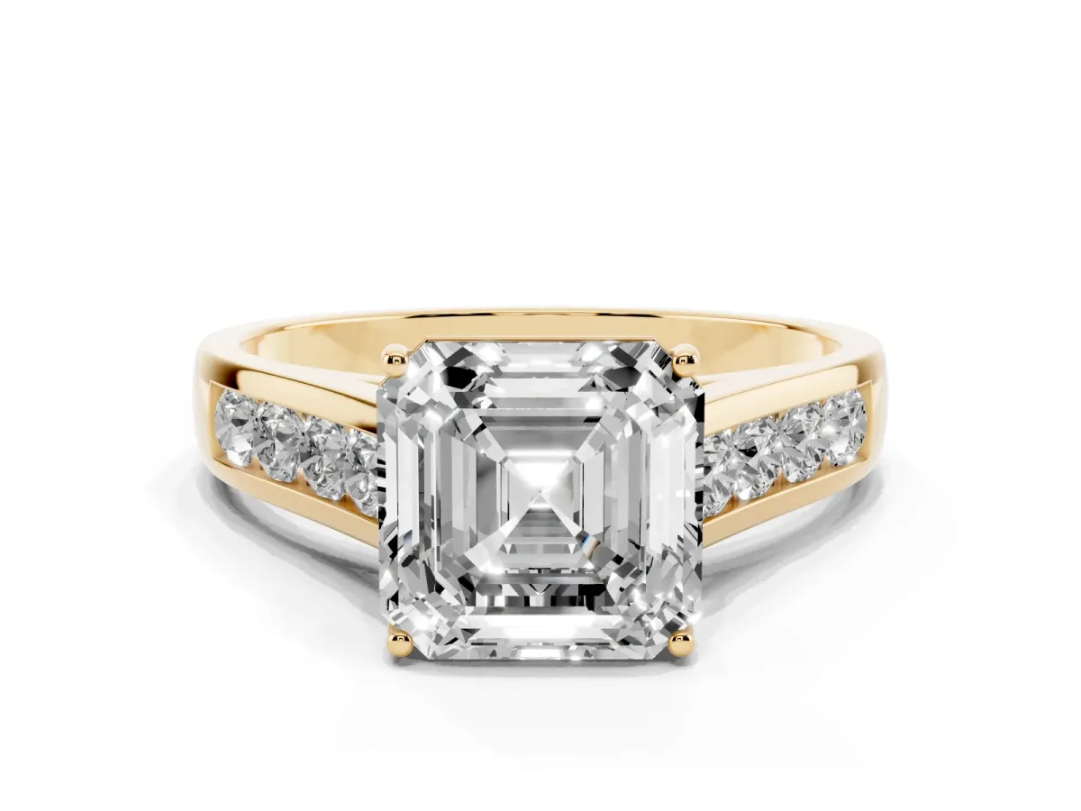 Asscher Cut Brilliant Channel-Set Solitaire Ring with Four-Prong Setting Yellow gold