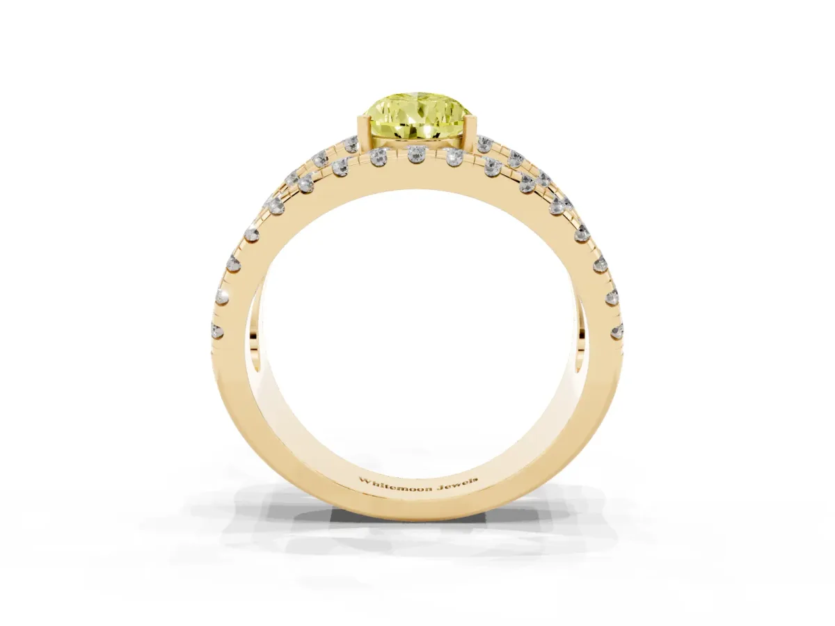 Fancy Yellow Pear Cut Solitaire Split Shank Pave Diamond Ring Yellow gold