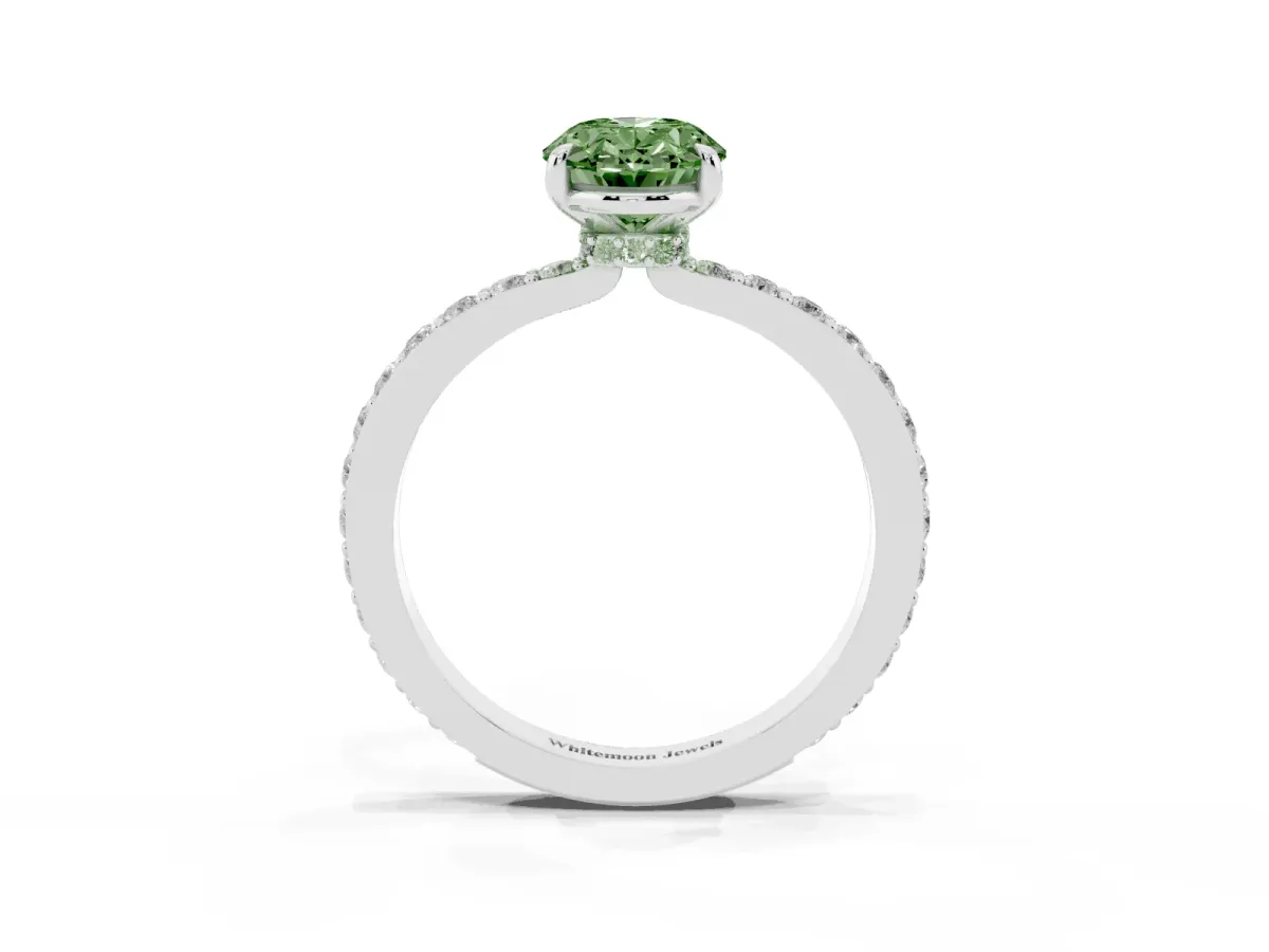 Fancy Green Oval Cut Diamond Pavé Engagement Ring with Round Accents and Prong Setting Silver