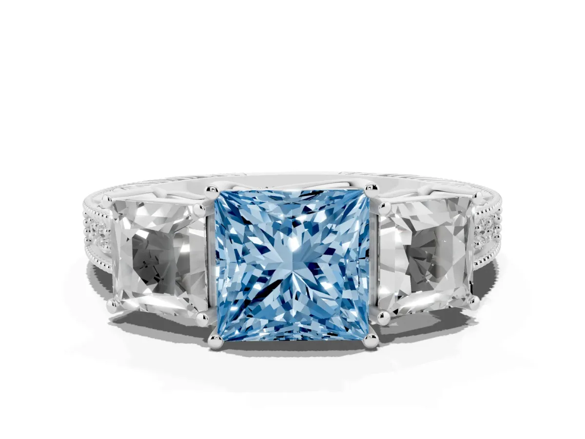 Fancy Blue Three-Stone Princess Cut Cut Milgrain Pavé Engagement Ring Silver