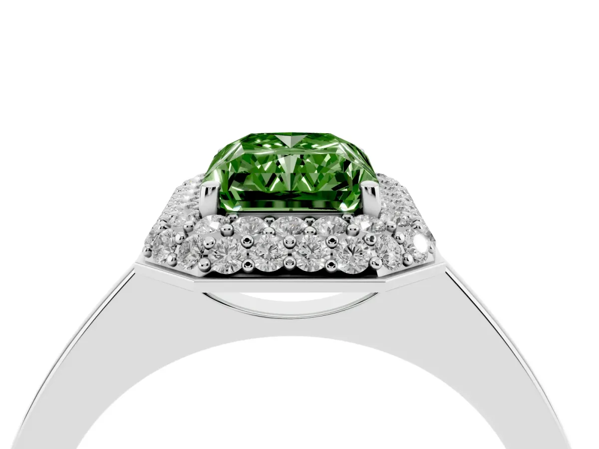 Fancy Green Radiant Cut Halo Diamond Engagement Ring with Solitaire Band and Four-Prong Setting Silver