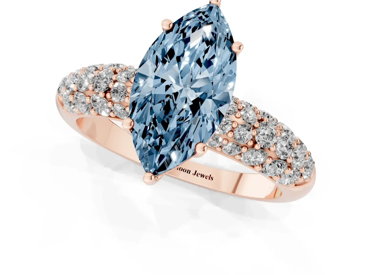 Fancy Blue Marquise Cut Diamond Pavé Band Solitaire Ring with Four-Prong Setting Rose gold