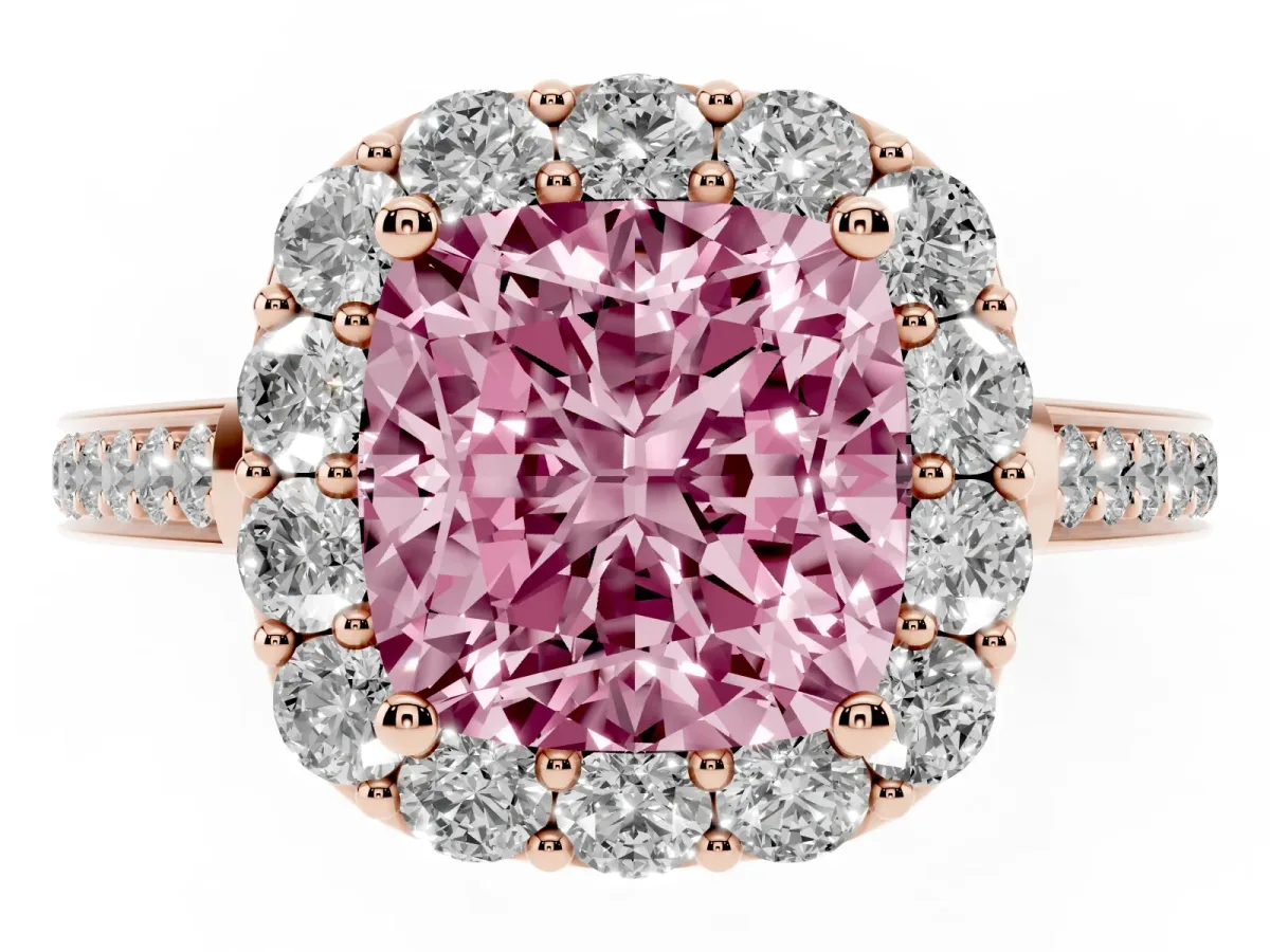 Fancy Pink Cushion Cut Diamond Floral Halo Ring with Pavé Band and Prong Setting Rose gold