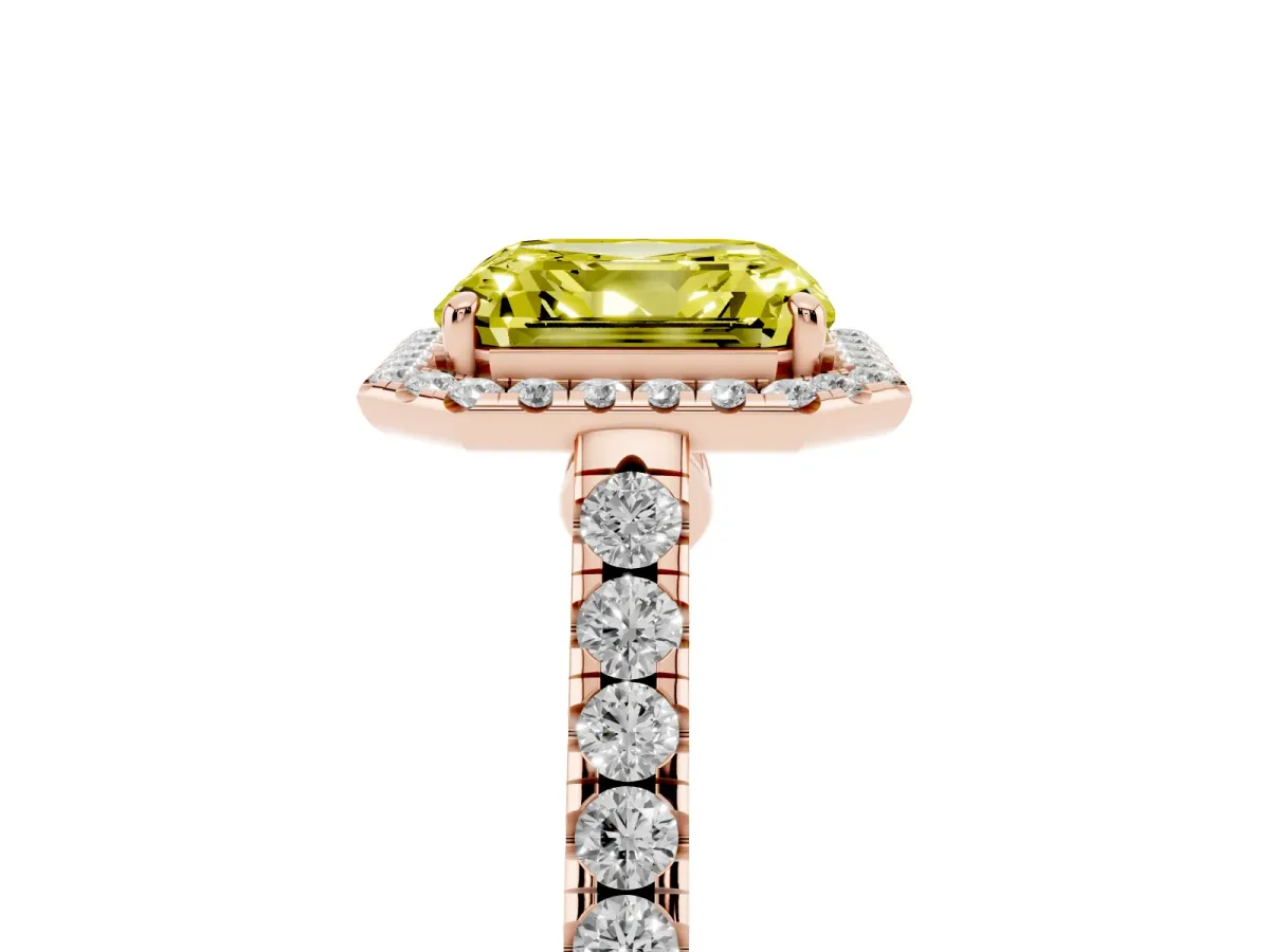 Fancy Yellow Asscher Cut Halo Pave Diamond Engagement Ring with Four-Prong Setting Rose gold