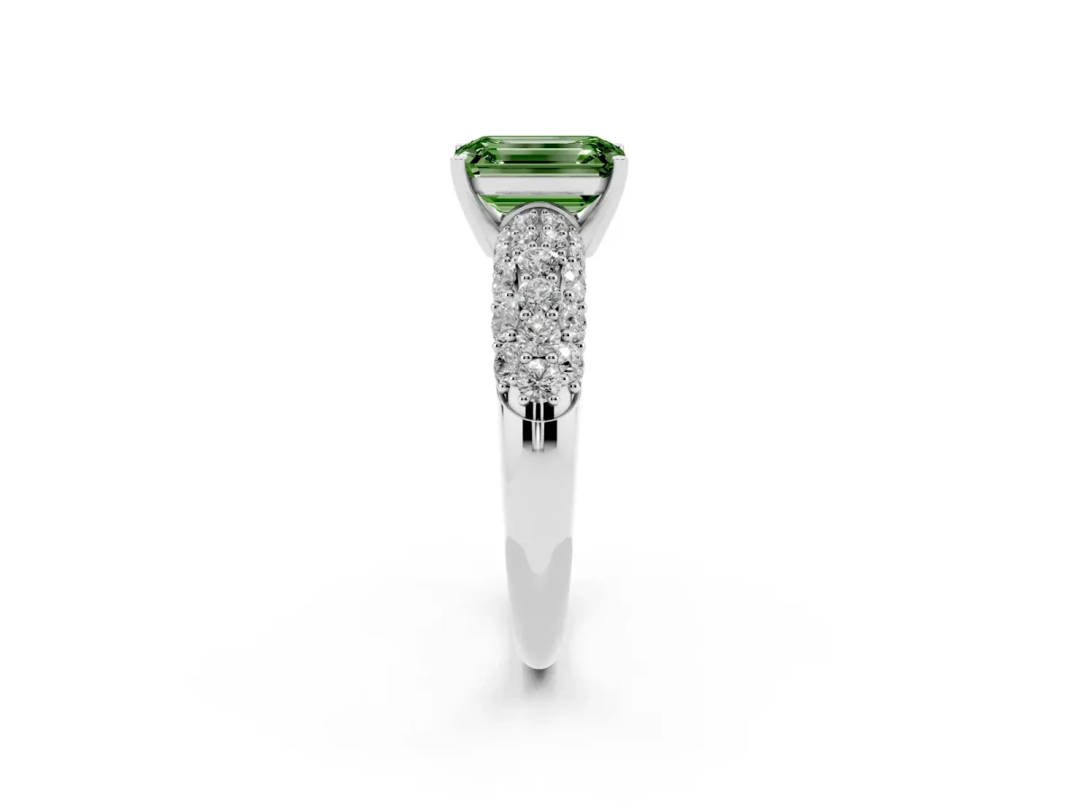 Fancy Green Emerald Cut Diamond Pavé Band Solitaire Ring with Four-Prong Setting Silver