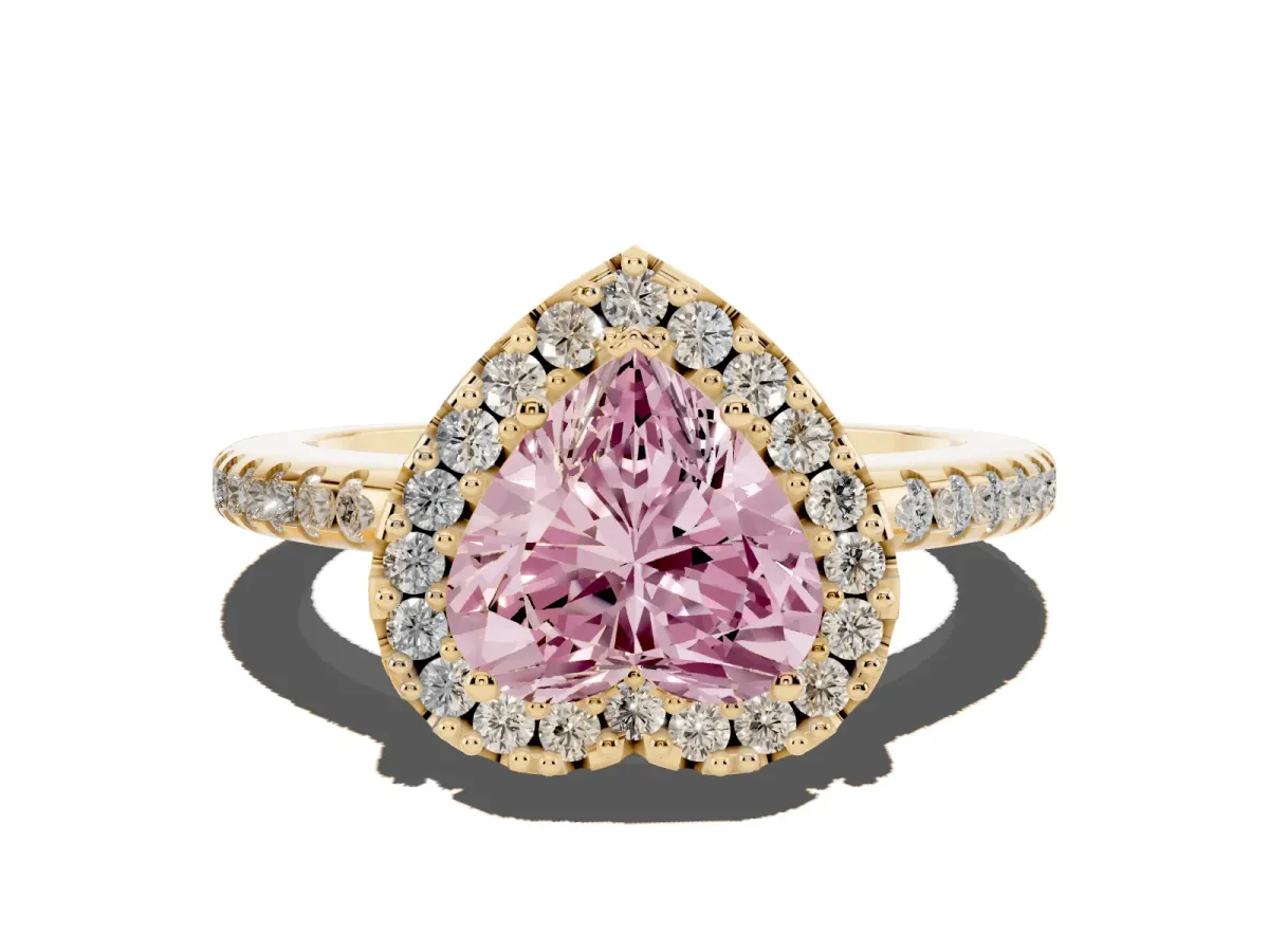 Fancy Pink Heart Cut Diamond Pavé Halo Ring with Four-Prong Setting Yellow gold