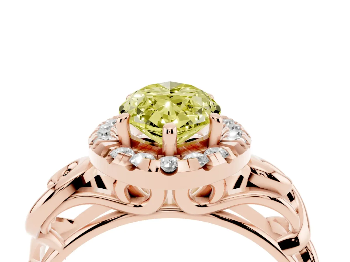 Fancy Yellow Marquise Cut Cut Halo Diamond Ring with Scrollwork Band and Four-Prong Setting Rose gold