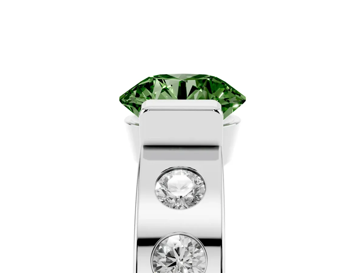 Fancy Green Round Cut Brilliant Channel-Set Diamond Ring with Bezel Prong Setting Silver