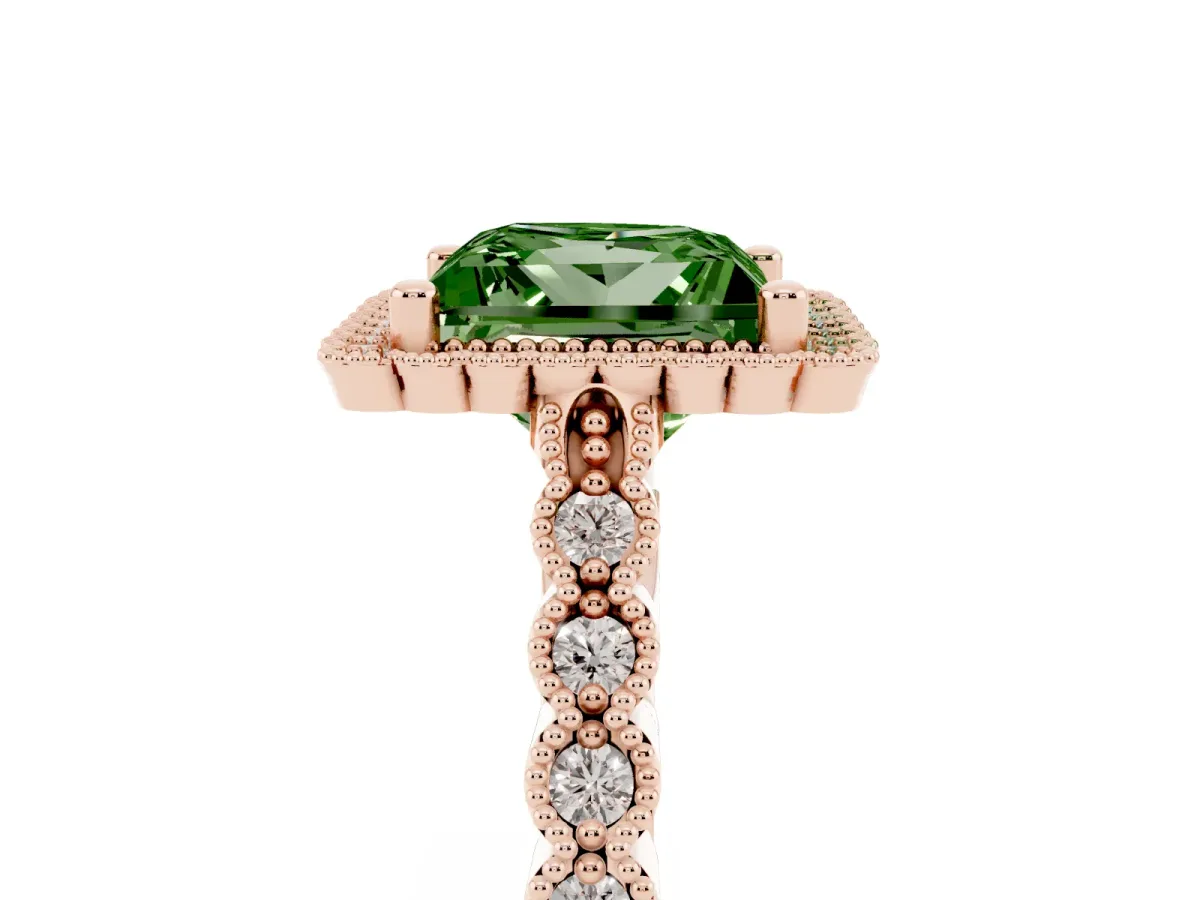 Fancy Green Princess Cut Cut Halo Pavé Solitaire Ring with Milgrain Band Rose gold