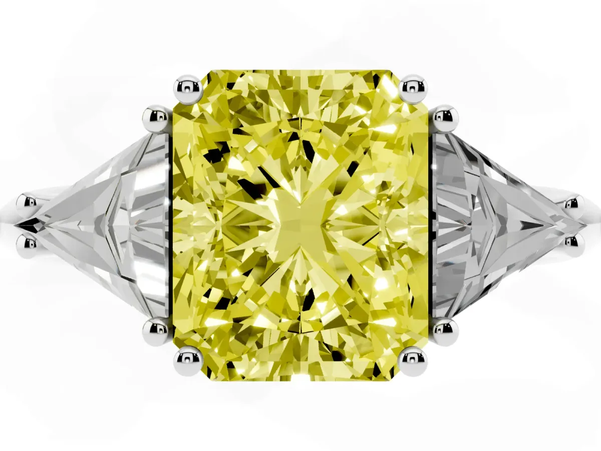 Fancy Yellow Three-Stone Radiant Cut Diamond Engagement Ring with Trillion Side Stones and Prong Setting White gold