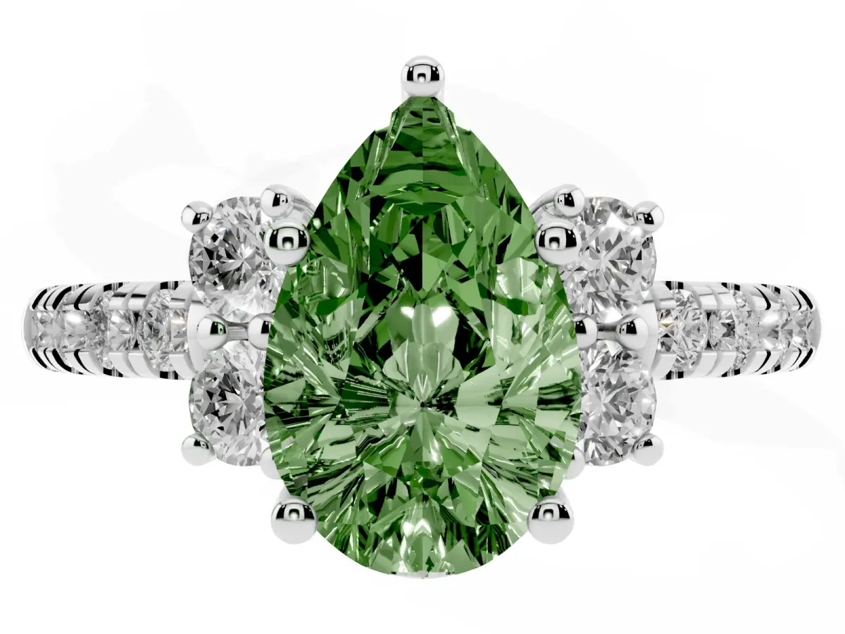 Fancy Green Pear Cut Diamond Three-Stone Pave Band with Four-Prong Setting Silver