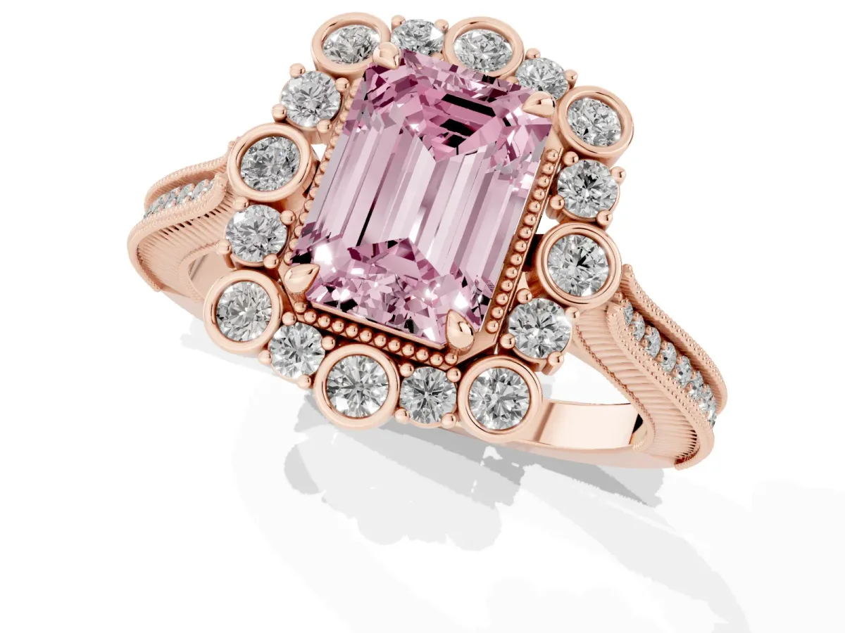 Fancy Pink Emerald Cut Halo Milgrain Pave Diamond Ring with Four-Prong Setting Rose gold