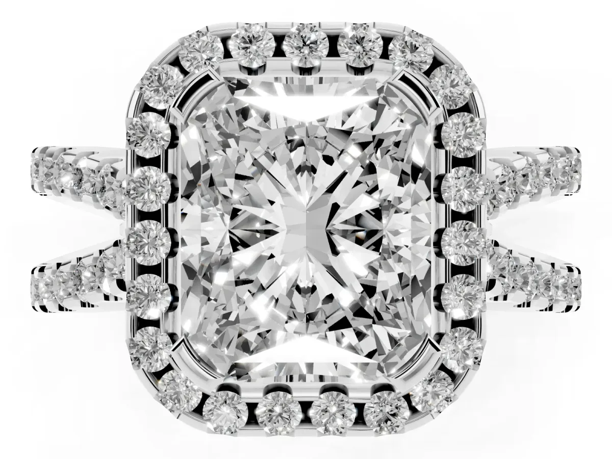 Radiant Cut Diamond Halo Ring with Split Shank Pavé Band and Prong Setting Silver