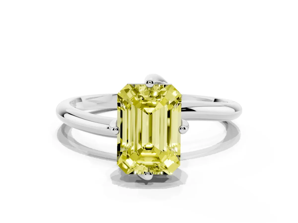 Fancy Yellow Emerald Cut Diamond Solitaire Engagement Ring with Four-Prong Setting and Classic Band Silver