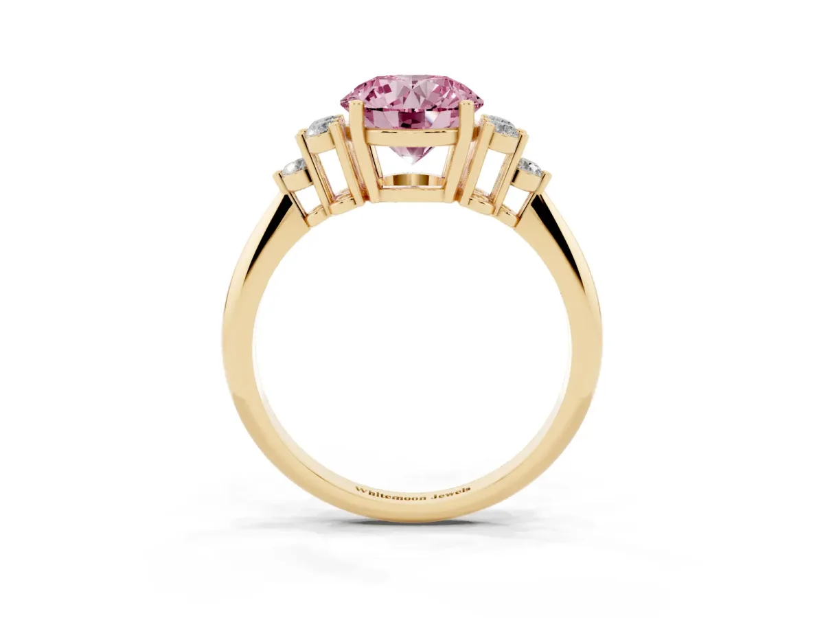 Fancy Pink Round Cut Cut Diamond Cluster Ring with Solitaire Band and Four-Prong Setting Yellow gold