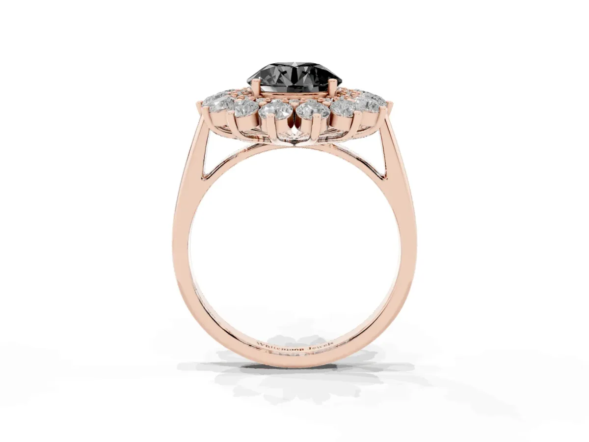 Fancy Black Round Cut Diamond Floral Double Halo Engagement Ring with Prong Setting Rose gold