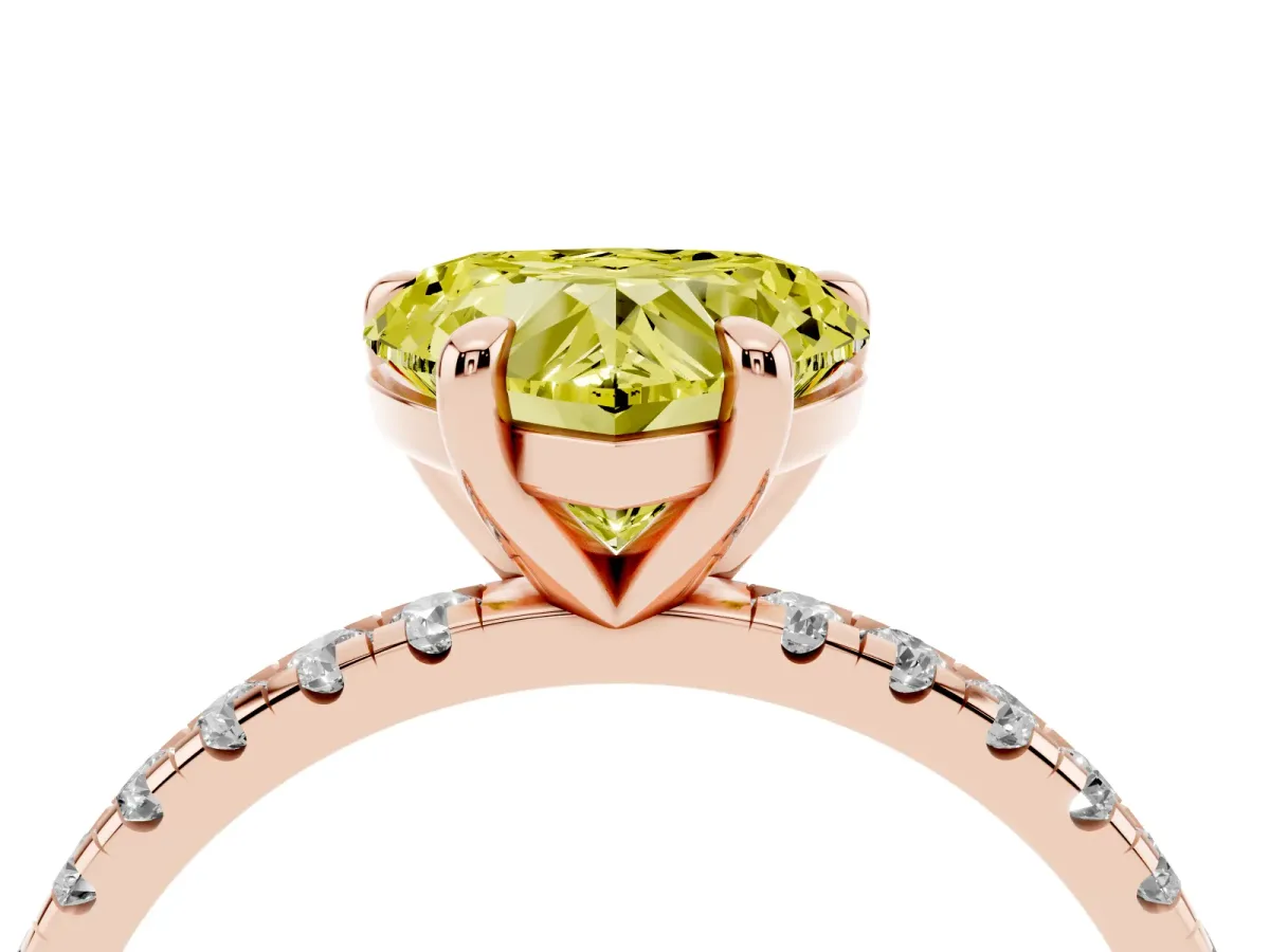 Fancy Yellow Heart Cut Diamond Brilliant Solitaire Ring with Pavé Band and Four-Prong Setting Rose gold