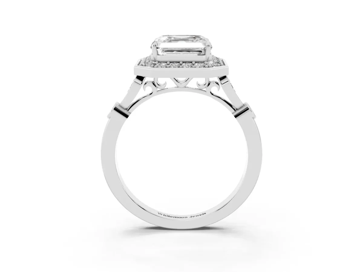 Asscher Cut Halo Diamond Engagement Ring with Twisted Band and Four-Prong Setting White gold