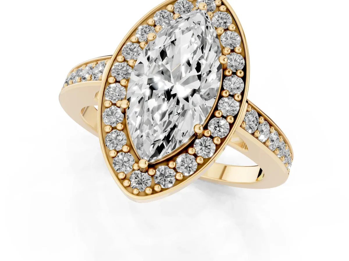 Marquise Cut Halo Pavé Diamond Engagement Ring with Bezel Setting Yellow gold