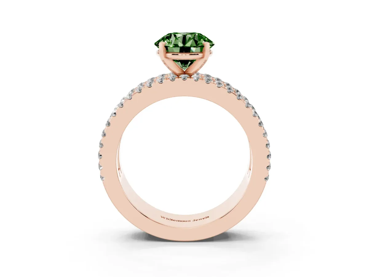 Fancy Green Round Cut Diamond Solitaire Ring with Pavé and Channel Set Band Rose gold